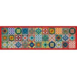 Tessitura Toscana Telerie Tappeto Camastra a fantasia piastrelle siciliane multicolor e bordo rosso 52x180 cm