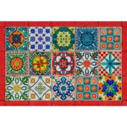 Tessitura Toscana Telerie Tappeto Camastra a fantasia piastrelle siciliane multicolor e bodo rosso 52x80 cm