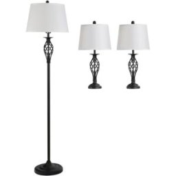 Homcom Set 3 Pezzi: 1 Lampada da Terra e 2 Lampade da Tavolo in Metallo, Design Vintage, Lampadine E27, Nero e Bianco Aosom