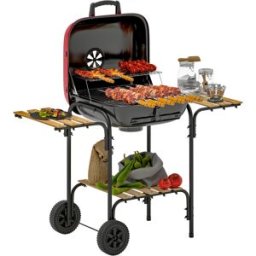 Outsunny Barbecue a Carbone con 3 Ripiani e Ruote, Coperchio con Presa d'Aria Regolabile, Rosso