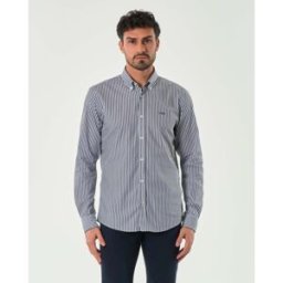 Camicia Boss Roan in fantasia bastoncino bianco e blu slim fit in popeline di cotone stretch con colletto button down