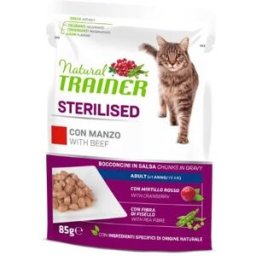 Natural Trainer Cat Adult Sterilised con Manzo Bocconcini in Salsa Busta 85 g