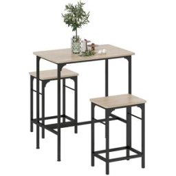 Homcom Arredamento Bar 3 Pezzi con Tavolo da Cucina e 2 Sgabelli da Bar in Legno e Acciaio, color Legno e Nero Aosom Italy
