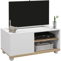 Homcom Mobile TV 42" Max con 2 Ripiani Aperti e Anta e Ruote, in Truciolato, 80x45x39.5 cm, Bianco Aosom