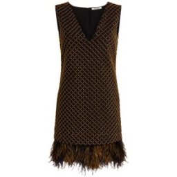 Roberto Cavalli Abito Con Ricamo Geometric Grid E Piume - Female Abiti Nero/oro 38