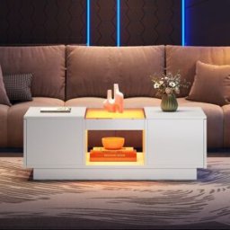 Pd1 Tavolino da caffè bianco con rivestimento in vetro, illuminazione LED, controllo tramite app, 2 cassetti e 1 vano aperto, 100×50×35,5 cm, Bianco