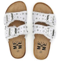 Ciabatte in denim bianco con doppia fascia sfrangiata e borchie Me & Me 12502 37