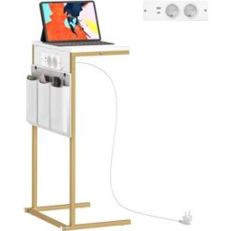 Homcom Tavolino da Salotto a Forma di C Effetto Marmo con Prese di Corrente e USB Integrate, Bianco Aosom Italy