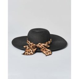 Cappello Hlo! nero a tesa larga in simil raffia con cinta a fantasia animalier