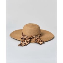 Cappello Hlo! color cammello a tesa larga in simil raffia con cinta a fantasia animalier