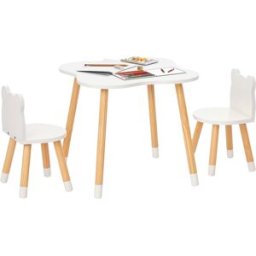 Homcom Set Tavolino e Sedie per Bambini in Legno a Forma di Orsetto Bianco per Gioco e Studio con Design Adorabile e Stile Moderno Aosom