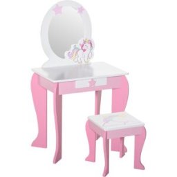 Homcom Specchiera Giocattolo Toeletta con Cassetto e Sgabello in Legno, Giochi per Bambine 3-8 Anni Rosa e Bianco Aosom