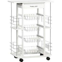 Homcom Carrello da Cucina con Cassetto, 4 Cesti e 4 Ripiani, in Metallo, Ceramica e Legno, 57x37x83 cm, Bianco