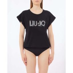 Liujo T-shirt cropped nera Liu Jo Mare con maniche ad aletta e maxi logo frontale in strass applicati