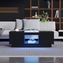Pd1 Tavolino da caffè nero con rivestimento in vetro, illuminazione LED, 2 cassetti e vano aperto, Nero