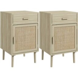 Homcom Set 2 Comodini per Camera da Letto con Cassetto e Anta in Rattan Stile Boho, Colore Legno Aosom