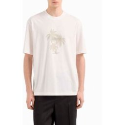 T-shirt mezza manica Armani Exchange panna con stampa palme e logo davanti