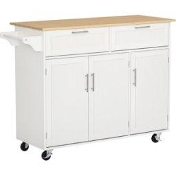 Homcom Carrello da Cucina Multiuso con 2 Cassetti, 3 Antine e 4 Ruote, in Legno e MDF, 121x46x91cm, Bianco Aosom