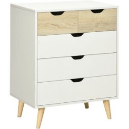 Homcom Cassettiera Bianca 5 Cassetti con Maniglie Intagliate in Legno, Cassettiera per Camera da Letto, 60x40x77.5cm, Bianco e Legno Aosom Italy