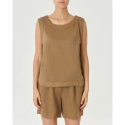 Puro Lino Top color cappuccino in lino senza maniche con fondo stondato e spacchetti laterali
