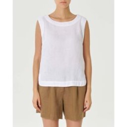 Puro Lino Top bianco in lino senza maniche con fondo stondato e spacchetti laterali