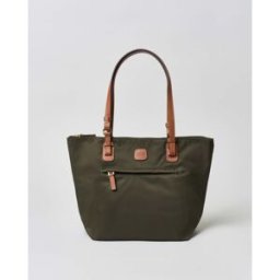 Shopping bag verde oliva Bric's misura media in nylon con manici in pelle color cuoio