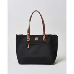 Shopping bag grande nera Bric's in nylon con manici in pelle color cuoio