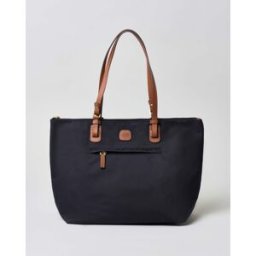 Shopping bag grande blu Bric's in nylon con manici in pelle color cuoio