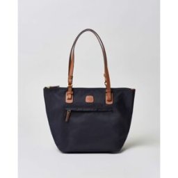 Shopping bag blu Bric's misura media in nylon con manici in pelle color cuoio