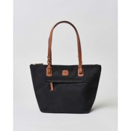 Shopping bag nera Bric's misura media in nylon con manici in pelle color cuoio