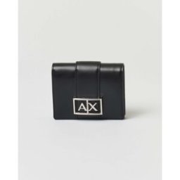 Portafoglio piccolo nero a libro Armani Exchange con fibbia logo in metallo a contrasto