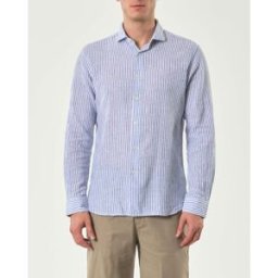 Camicia Paul Baker in fantasia bastoncino bianco e azzurro di misto lino e cotone