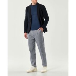 Pantalaccio carrot-fit Paul Baker in misto lino e cotone micro armatura blu e bianca