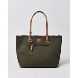 Shopping bag grande verde oliva Bric's in nylon con manici in pelle color cuoio