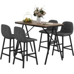 Homcom Set da bar 5 pezzi, Tavolo e 4 Sgabelli, Puntinatura a bottone, Imbottitura spessa, Lino, Grigio scuro