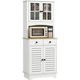 Homcom Armadio da Cucina con Porte in Vetro, 2 Cassetti, Armadio per Stoviglie, Armadio da Sala da Pranzo, Legno, 68 x 39,5 x 170 cm, Bianco