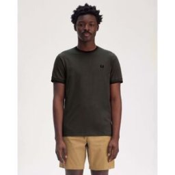 T-shirt mezza manica Fred Perry verde militare con bordino nero