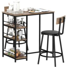 Homcom Set da 3 pezzi con tavolo da bar e 2 sedie, Set da cucina con mensole laterali, MDF, Metallo, Nero