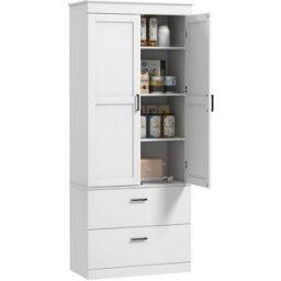 Homcom Armadio da Cucina Autoportante con Ripiani Regolabili e Due Ampi Cassetti per Soggiorno, Cucina, Bianco
