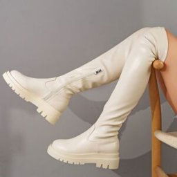 planare Stivali moto casual di moda da donna, in materiali misti, suola spessa, zip laterale, tacco largo, colore beige, punta tonda comoda, adatti per l autu