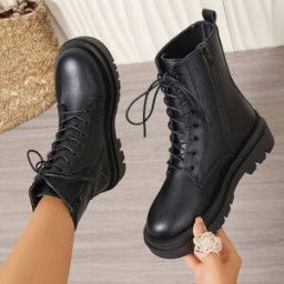 SHEIN Stivali da donna, stile britannico, stivali cargo altezza alla caviglia versatili, stivali corti con suola spessa, stivali da moto neri, nuovi per l'a