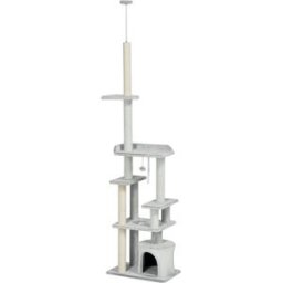 Pawhut Albero Tiragraffi per Gatti a Soffitto con Piattaforme e Casetta, 60x40x225-255cm, Grigio Aosom
