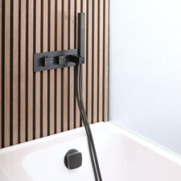 HudsonReed Miscelatore Doccia Termostatico con Deviatore, con Erogatore Vasca con Troppopieno e Doccetta (2 Vie) - Nero - Preto
