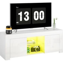 Homcom Mobile TV con Illuminazione LED, 2 Porte Armadio, Ripiano in Vetro, Passacavi, per Soggiorno, Truciolato, Bianco Aosom Italy