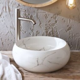 HudsonReed Lavabo Appoggio Rotondo Effetto Marmo 360mm - Senza Fori Rubinetteria