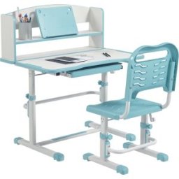 Zonekiz Set Tavolo e Sedie Regolabile per Bambini 6-12 Anni, Piano Inclinabile per Comfort Massimo, Ideale per Studio e Disegno - Blu Aosom Italy
