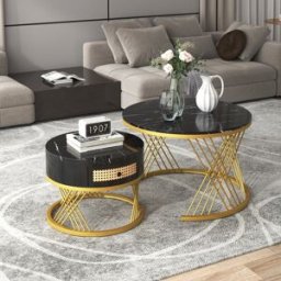 Gl Store Tavolini Rotondi con Piano in Effetto Marmo e Cassetti in Rattan Sintetico, Tavolini Neri 2 in 1 da Salotto, Gambe in Ferro Aosom Italy