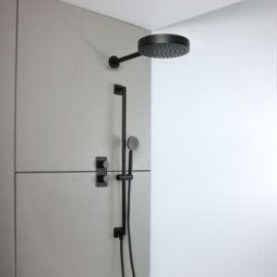 HudsonReed Sistema Doccia con Miscelatore Termostatico con Deviatore, Soffione e Asta Saliscendi con Doccetta (2 Vie) - Nero - Lune