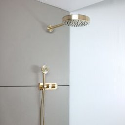 HudsonReed Sistema Doccia con Miscelatore Termostatico con Deviatore Doccetta e Soffione (2 Vie) - Oro Satinato - Lune