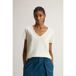 Woolrich donna T-shirt in puro cotone fiammato con scollo a V Bianco Taglia XL